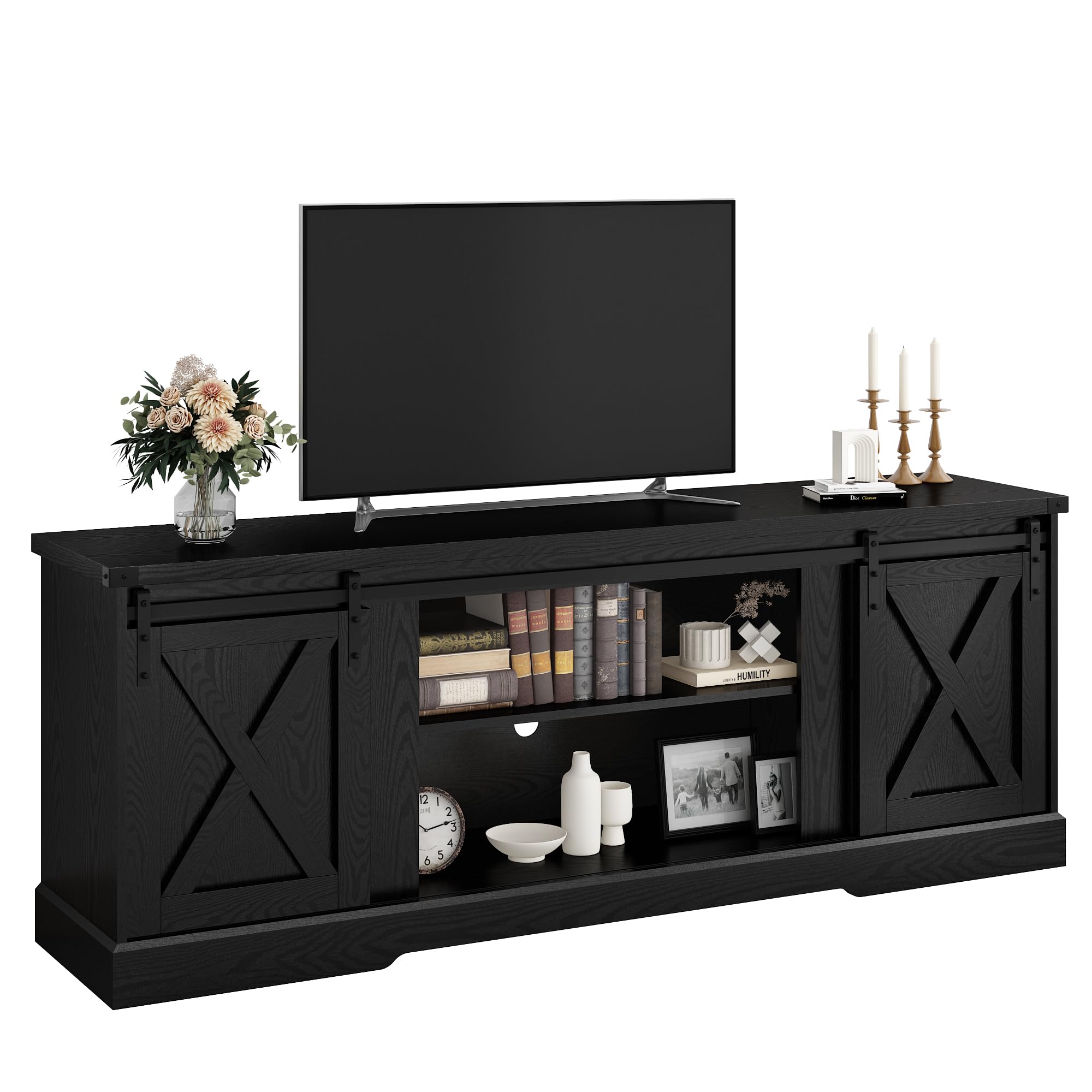Left. Espafurni - 70 inch Farmhouse TV Stand with Sliding Barn Doors, Fits 65-80" TVs - BLACK.