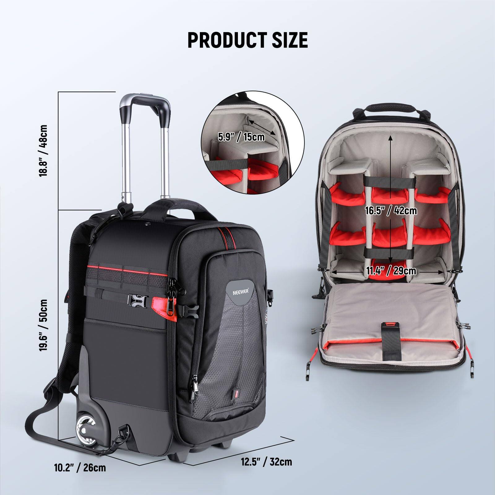 Neewer 2 in 1 Rolling Camera Backpack with Detachable Compartment