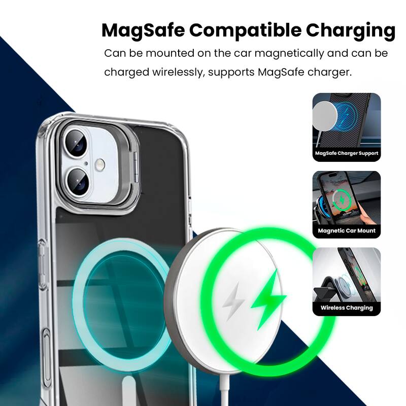 MagSafe Compatible Charging

Can be mounted on the car magnetically and can be charged wirelessly, supports MagSafe charger.

- MagSafe Charger Support
- Magnetic Car Mount
- Wireless Charging