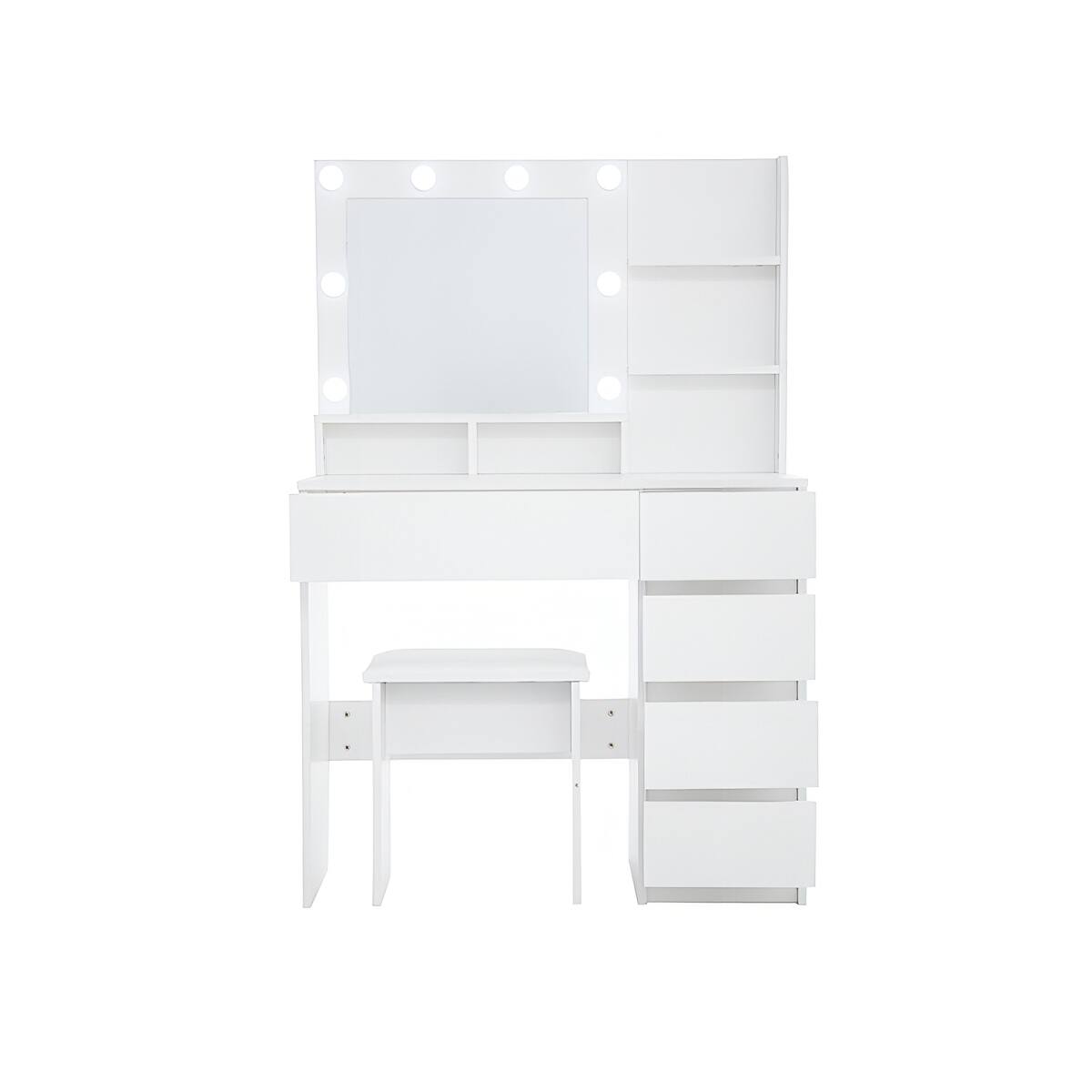 Alt View 1. Loheer - Loheer Makeup Vanity Desk with Mirror and Lights, White Stool - White.