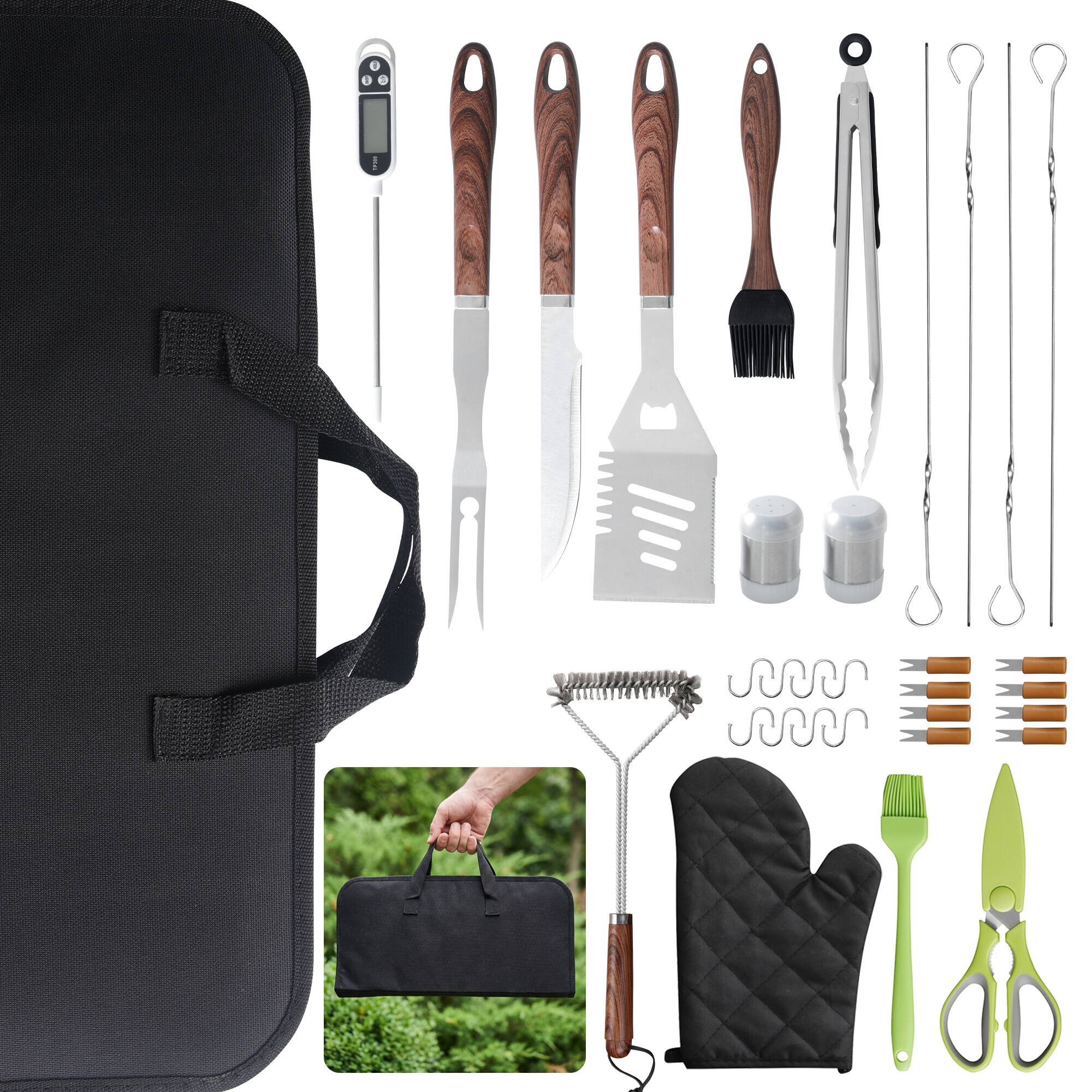 Angle. Sugift - 34-Piece BBQ Grill Tool Set with Wooden Handles and Carrying Case - Silver.