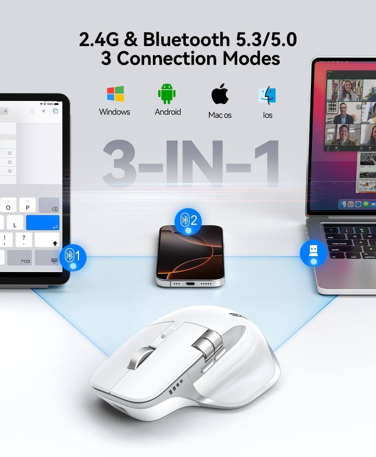 2.4G & Bluetooth 5.3/5.0 3 Connection Modes

9 0 I ,
0 P L ? ?123
0 100% Windows Android Macos los 3-IN-1  2 - Y - CROS -  1 -