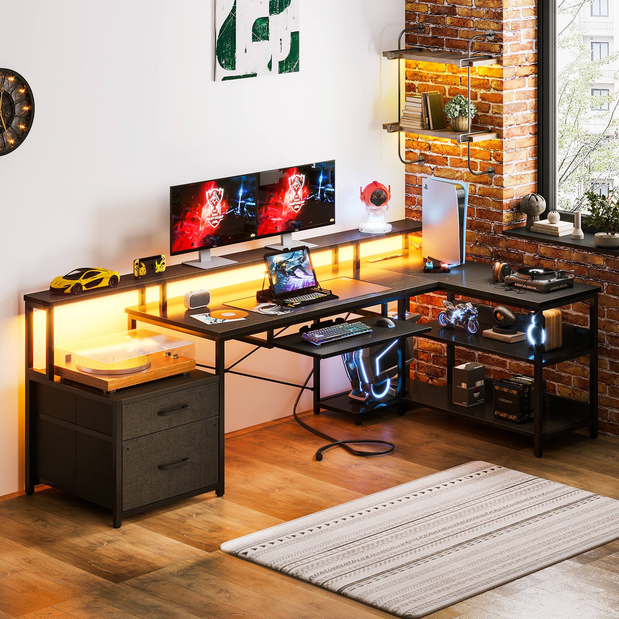 Alt View 1. AODK - L-Shaped Reversible Computer Desk with LED Lights, File Drawer, Power Outlets, Storage Shelves & Keyboard Tray - Black.