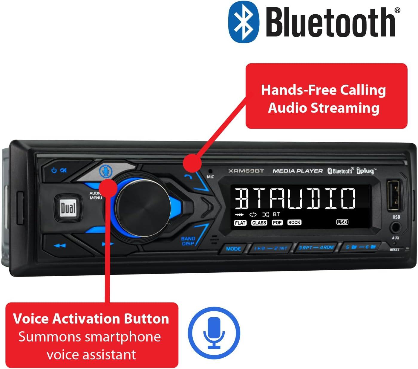Bluetooth Hands-Free Calling Audio Streaming

Voice Activation Button Summons smartphone voice assistant

XRM69BT MEDIA PLAYER Bluetooth plug

BT AUDIO

FLAT CLASS POP ROCK USB

AUX RESET

Dual

AUDIO MENU

BAND DISP

MODE 1 2 INT 3RPT 4RDM 5 6