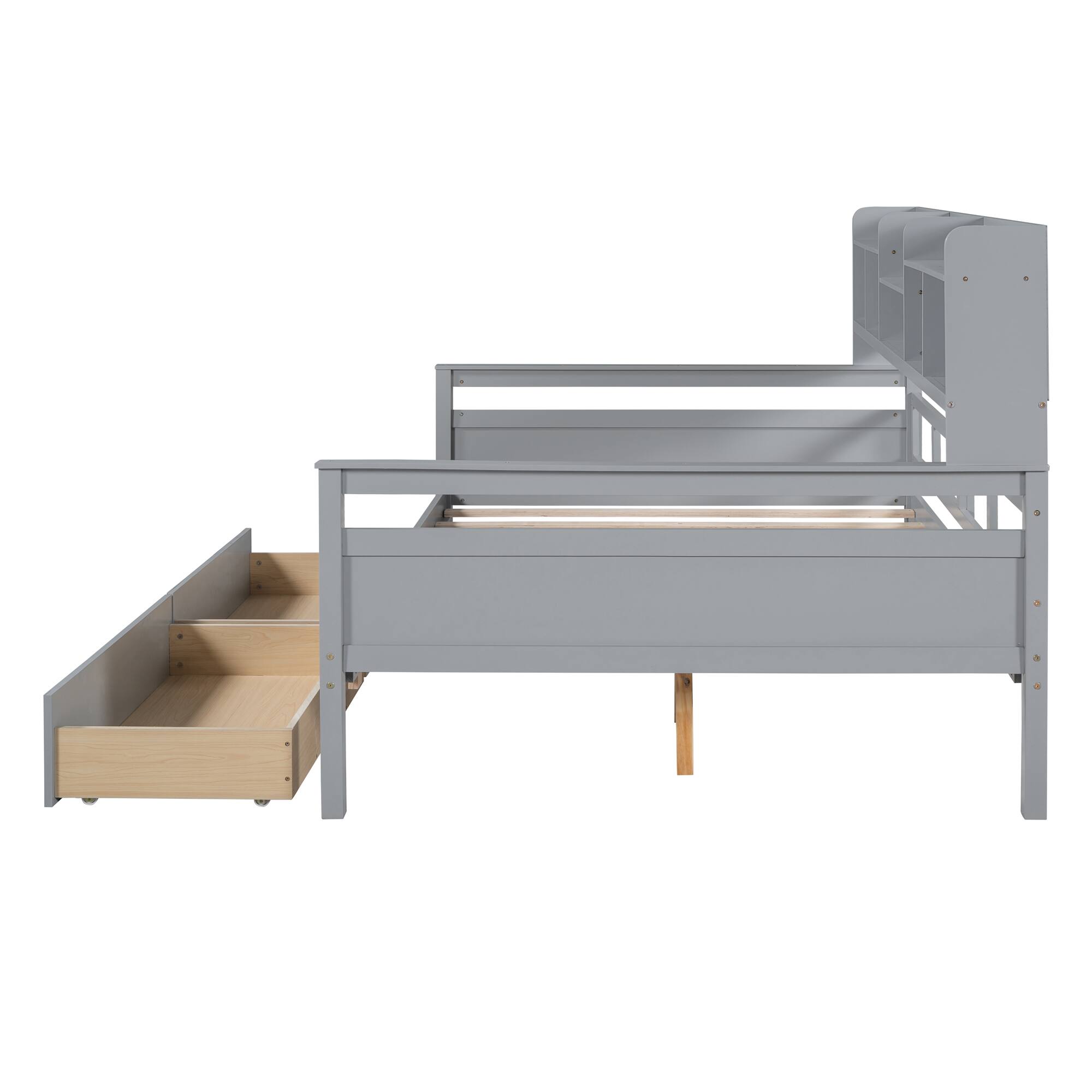 Alt View 3. Aukfa - Twin size Daybed, Wood Slat Support, with Bedside Shelves and Two Drawers - Gray.