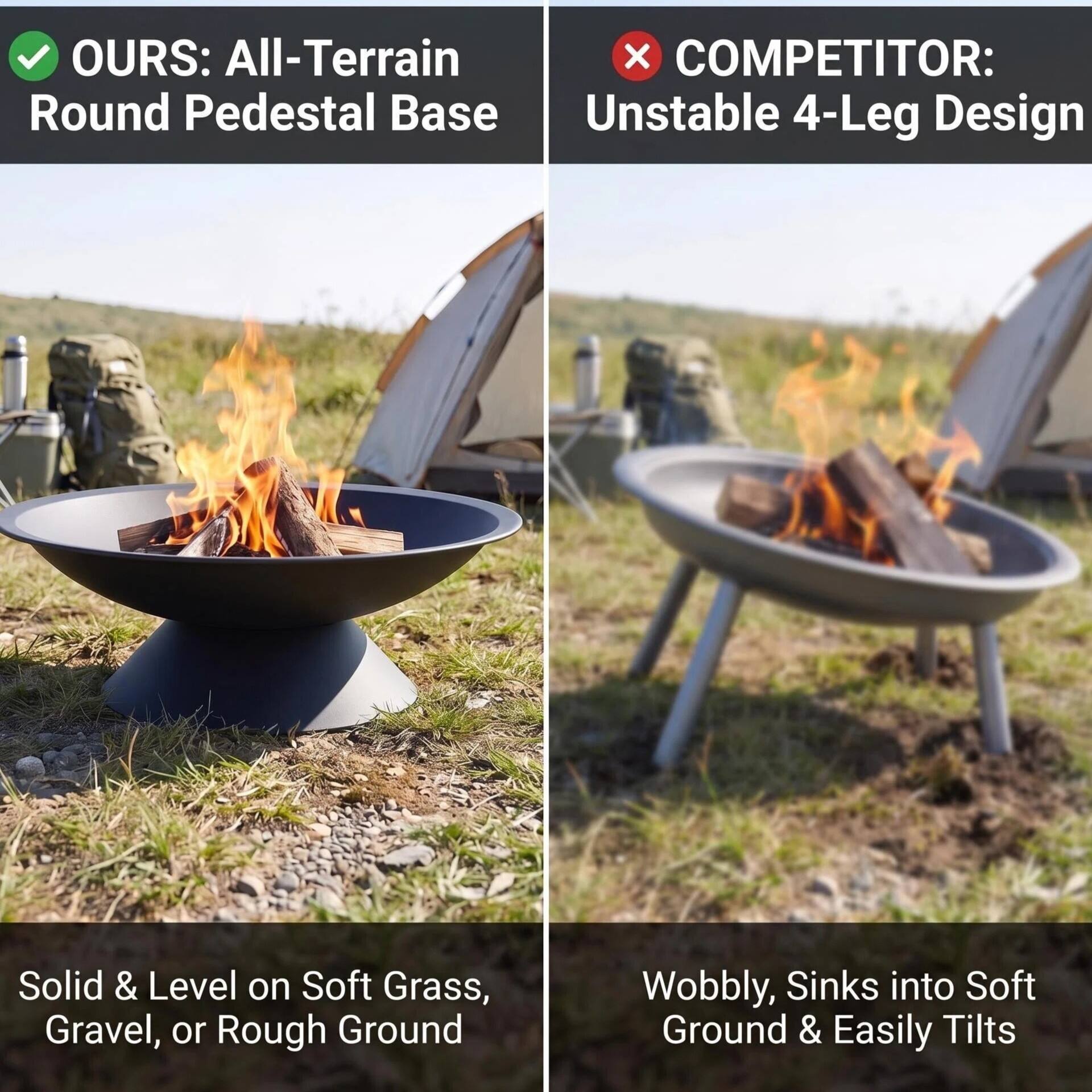 OURS: All-Terrain Round Pedestal Base

COMPETITOR: Unstable 4-Leg Design

Solid & Level on Soft Grass, Gravel, or Rough Ground

Wobbly, Sinks into Soft Ground & Easily Tilts