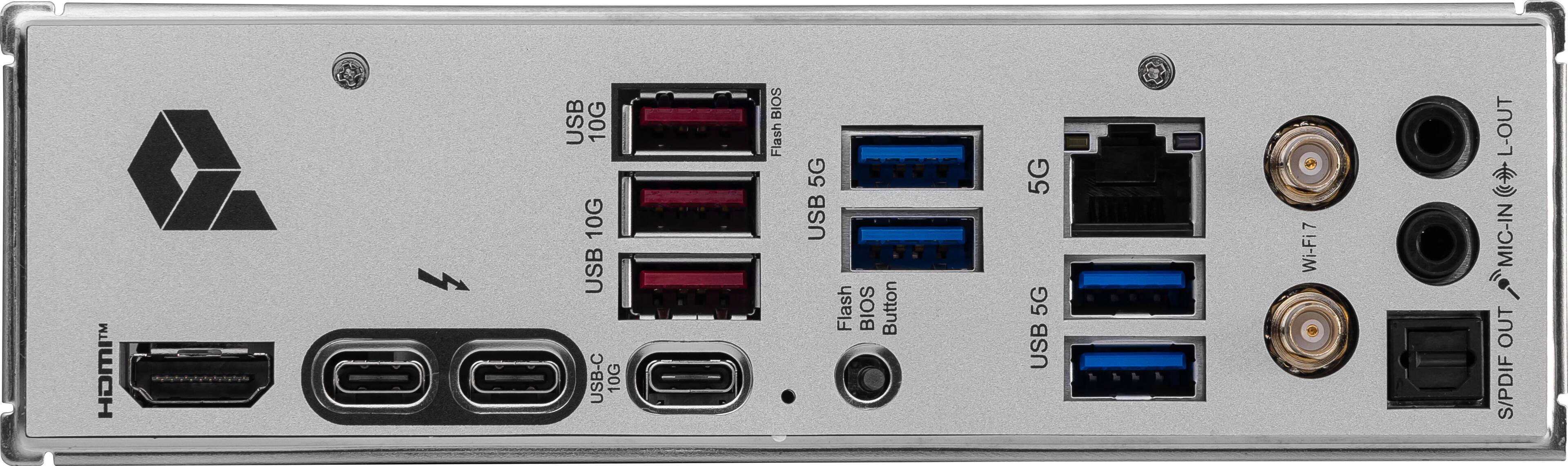 HOMIT 1 USB 10G 10G USB-C 10G BIOS Flash 5G USB Flash BIOS Button 5G 5G USB 7 Wi-Fi 7 L-OUT MIC-IN OUT S/PDIF