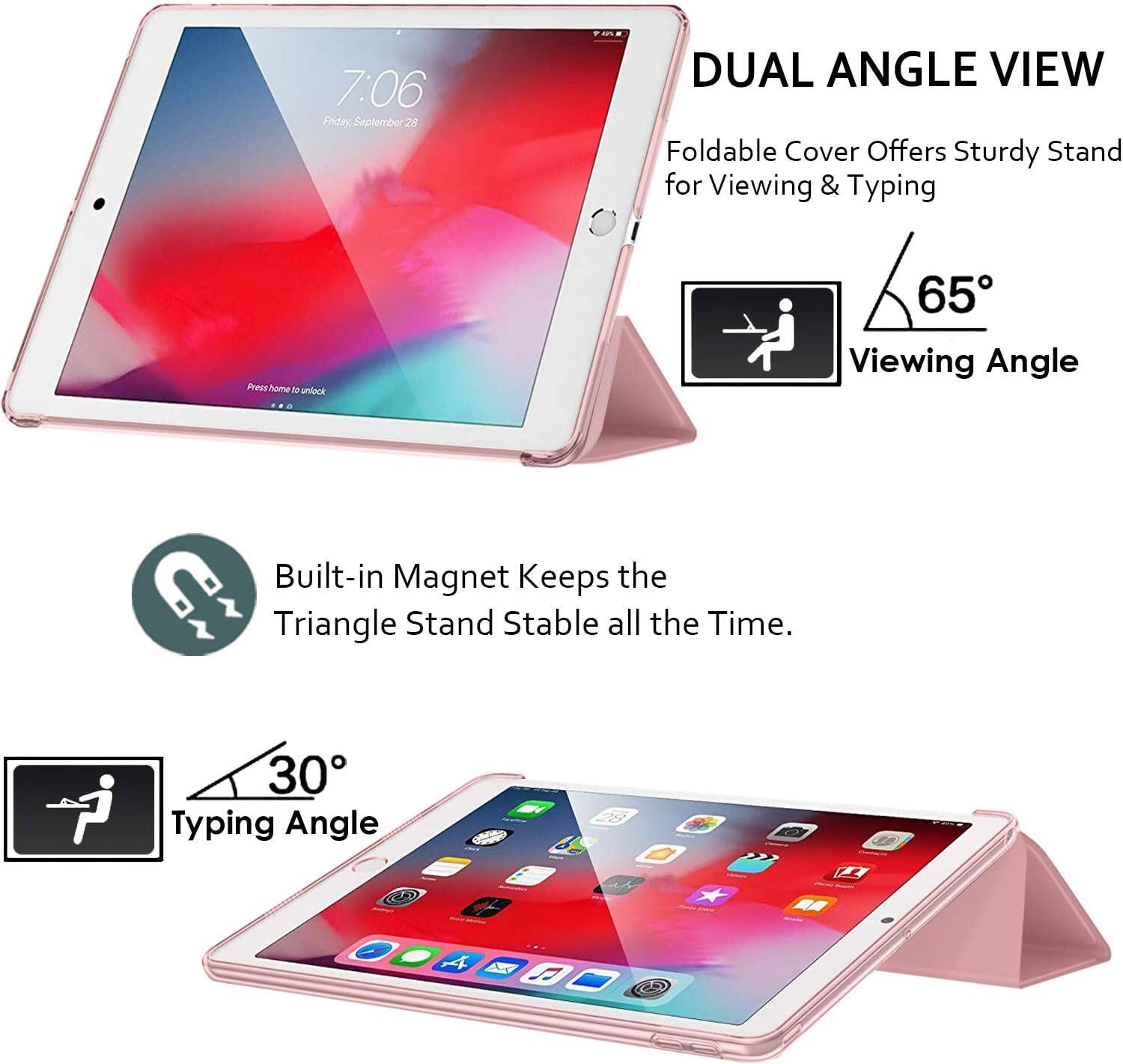 7:06 Friday, September 28

DUAL ANGLE VIEW
Foldable Cover Offers Sturdy Stand for Viewing & Typing

Press home to unlock

65° Viewing Angle

Built-in Magnet Keeps the Triangle Stand Stable all the Time.

30° Typing Angle