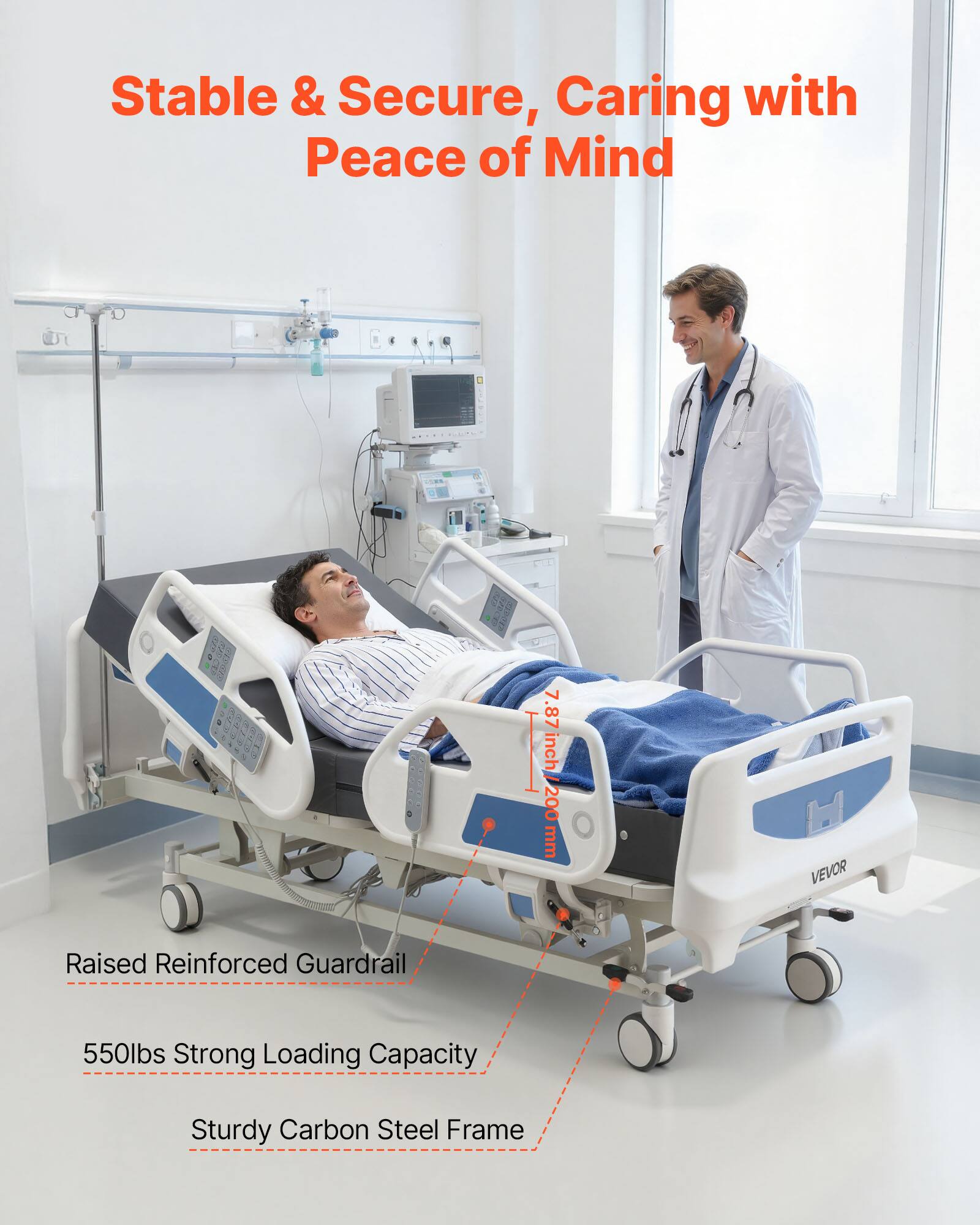 Stable & Secure, Caring with Peace of Mind

7.87 inch / 200 mm

VEVOR Raised Reinforced Guardrail

550lbs Strong Loading Capacity

Sturdy Carbon Steel Frame