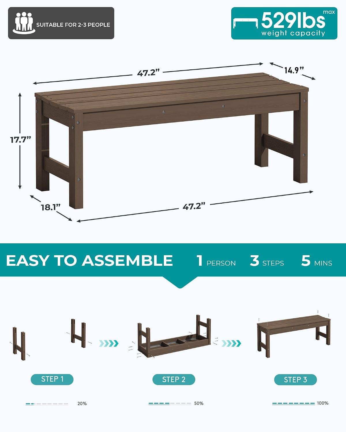 SUITABLE FOR 2-3 PEOPLE  
max 529lbs weight capacity  
47.2"  
14.9"  
17.7"  
18.1"  
47.2"  

EASY TO ASSEMBLE  
1 PERSON  
3 STEPS  
5 MINS  

STEP 1  
20%  

STEP 2  
50%  

STEP 3  
100%