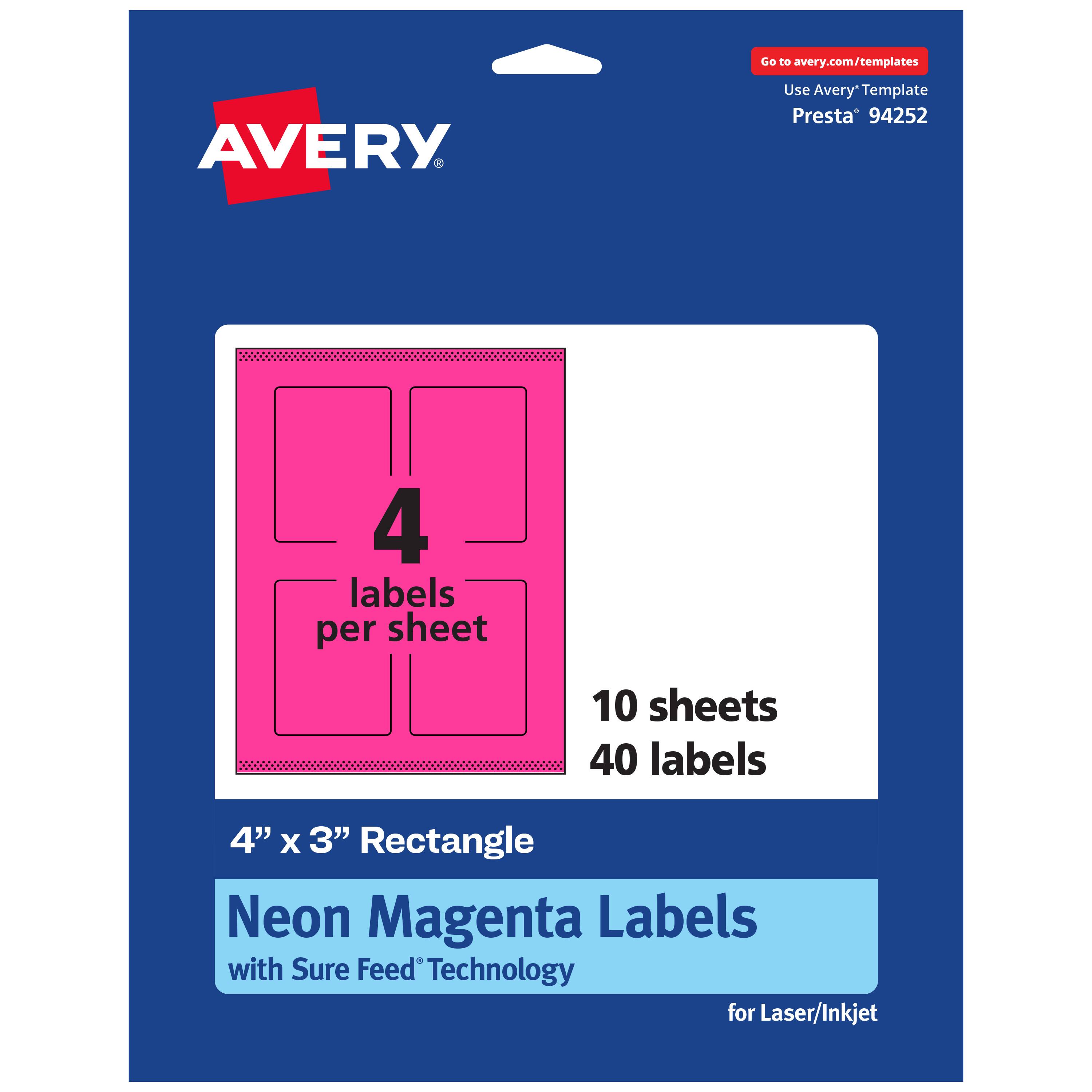 Go to avery.com/templates  
Use Avery Template Presta* 94252  
4 labels per sheet  
10 sheets  
40 labels  
4" x 3" Rectangle Neon Magenta Labels with Sure Feed Technology for Laser/Inkjet