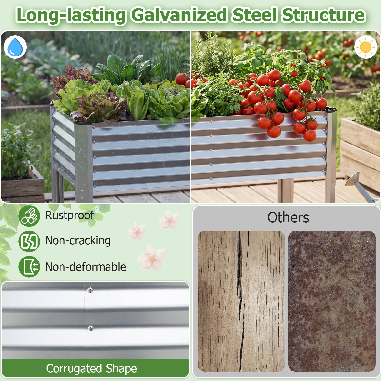 Long-lasting Galvanized Steel Structure

- Rustproof
- Non-cracking
- Non-deformable
- Corrugated Shape

Others