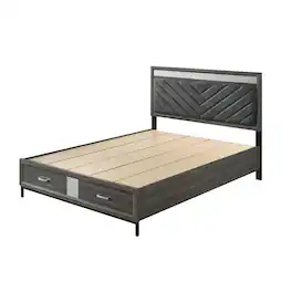 Vaczon - Modern Upholstered Storage Platform Bed Frame with Footboard Drawers, Padded Headboard and Solid Slat Support - Gray
