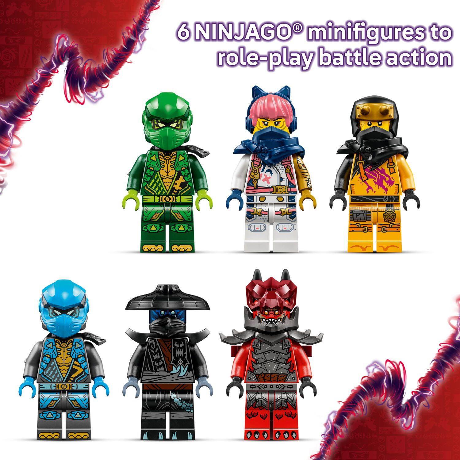 6 NINJAGO minifigures to role-play battle action.