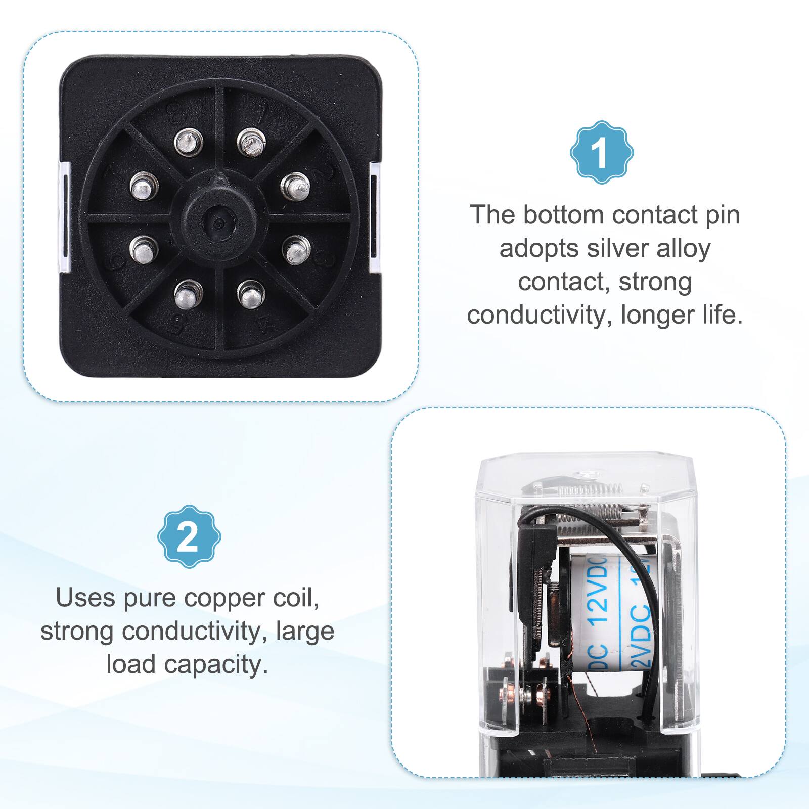 1. The bottom contact pin adopts silver alloy contact, strong conductivity, longer life.
2. Uses pure copper coil, strong conductivity, large load capacity.

12VDC