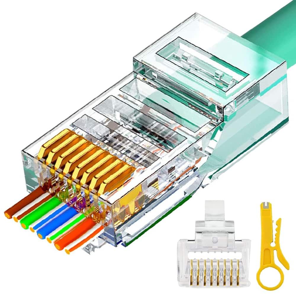 ACJPR - 100-Pack RJ45 Cat6/Cat5e Pass-Through Connectors, Gold-Plated 3-Prong 8P8C Modular Plugs for UTP Ethernet Cables