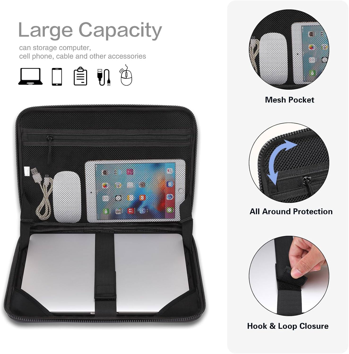 Large Capacity  
can storage computer, cell phone, cable and other accessories  

Mesh Pocket  

All Around Protection  

Hook & Loop Closure