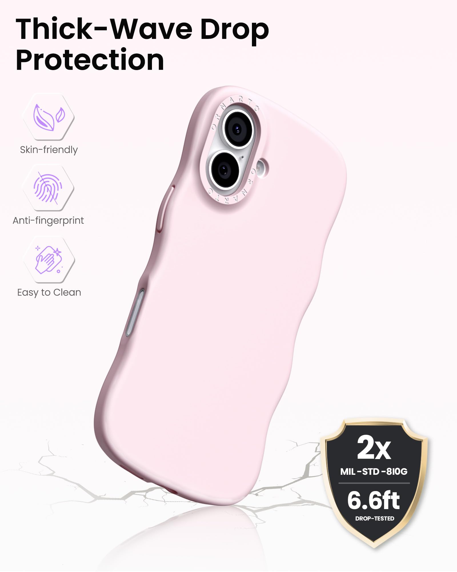 Thick-Wave Drop Protection

- Skin-friendly
- Anti-fingerprint
- Easy to Clean

2x MIL-STD-810G  
6.6ft DROP-TESTED