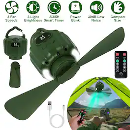 Loheer - Camping Fan with LED Lantern Rechargeable Portable Tent Fan with Remote Battery Powered