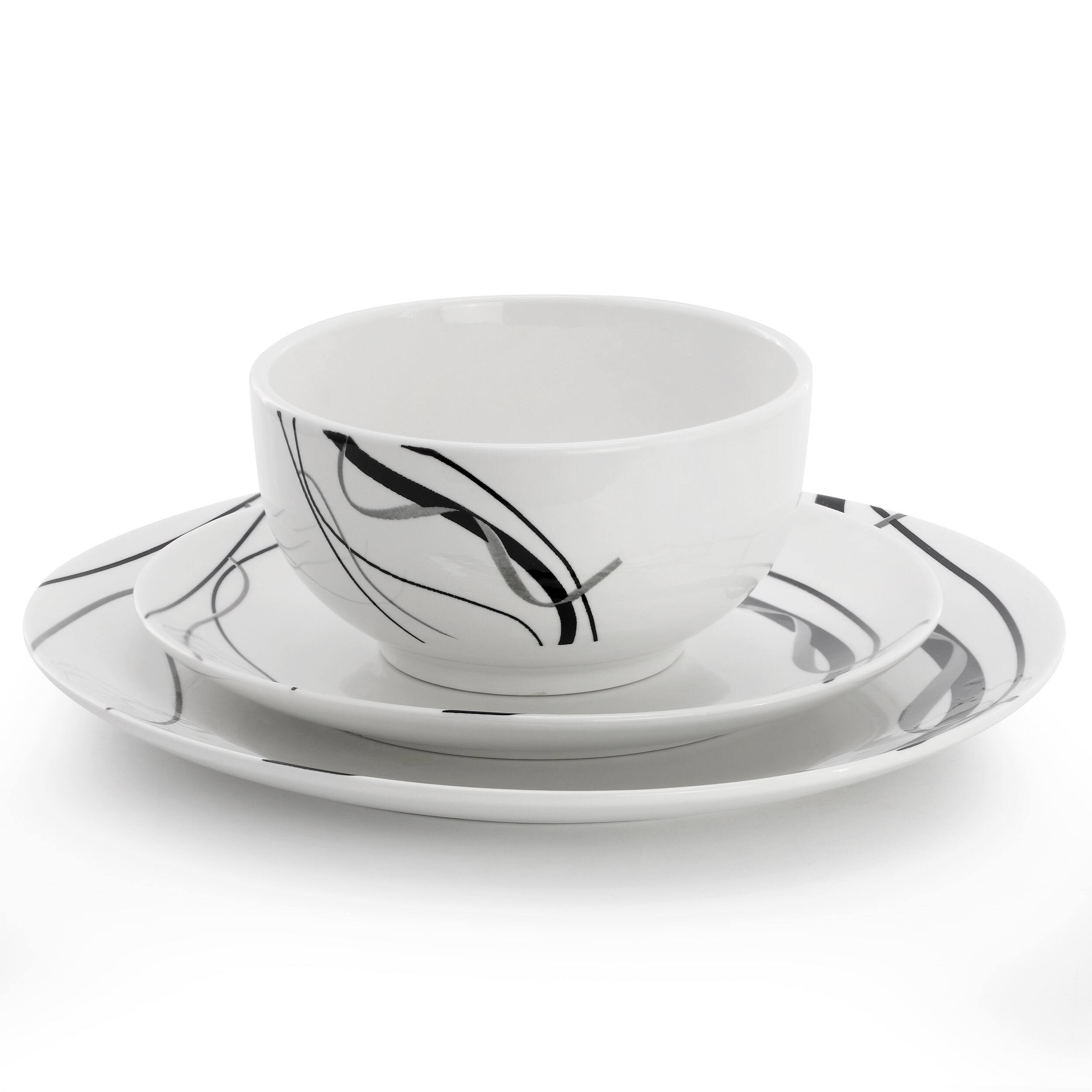 Alt View 1. Elama - Elama Sarah 12 Piece Porcelain Black Ribbon Dinnerware Set, Service for 4 in White and Black - White.