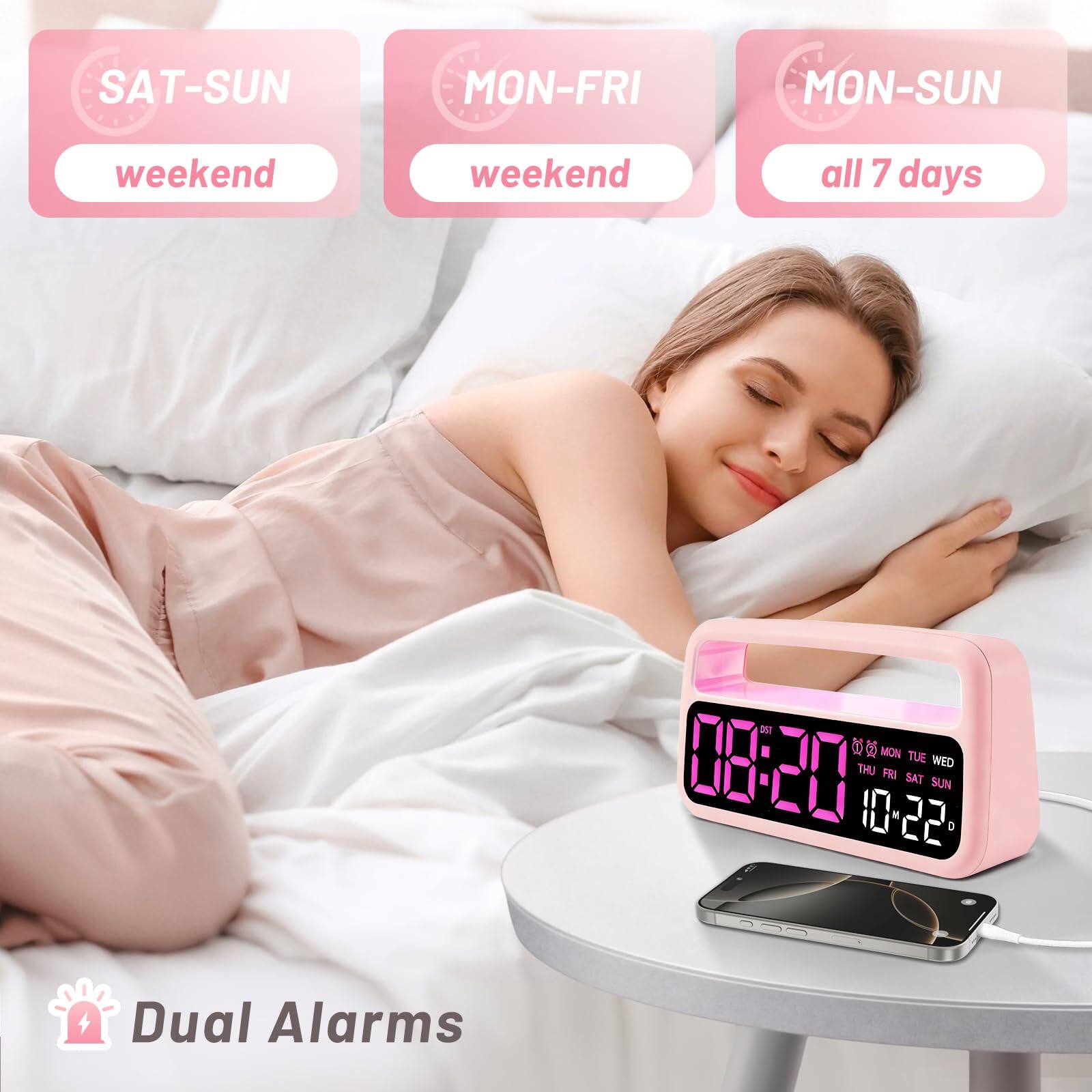 SAT-SUN weekend  
MON-FRI weekend  
MON-SUN all 7 days  

08:20  
MON TUE WED THU FRI SAT SUN  
10-22  

Dual Alarms