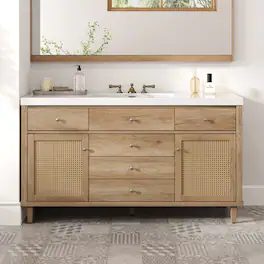 Loheer - 5 ft Bathroom Vanity with SMC Sink, Soft Close Drawers, Rattan Doors, Large Storage - Antique Natural