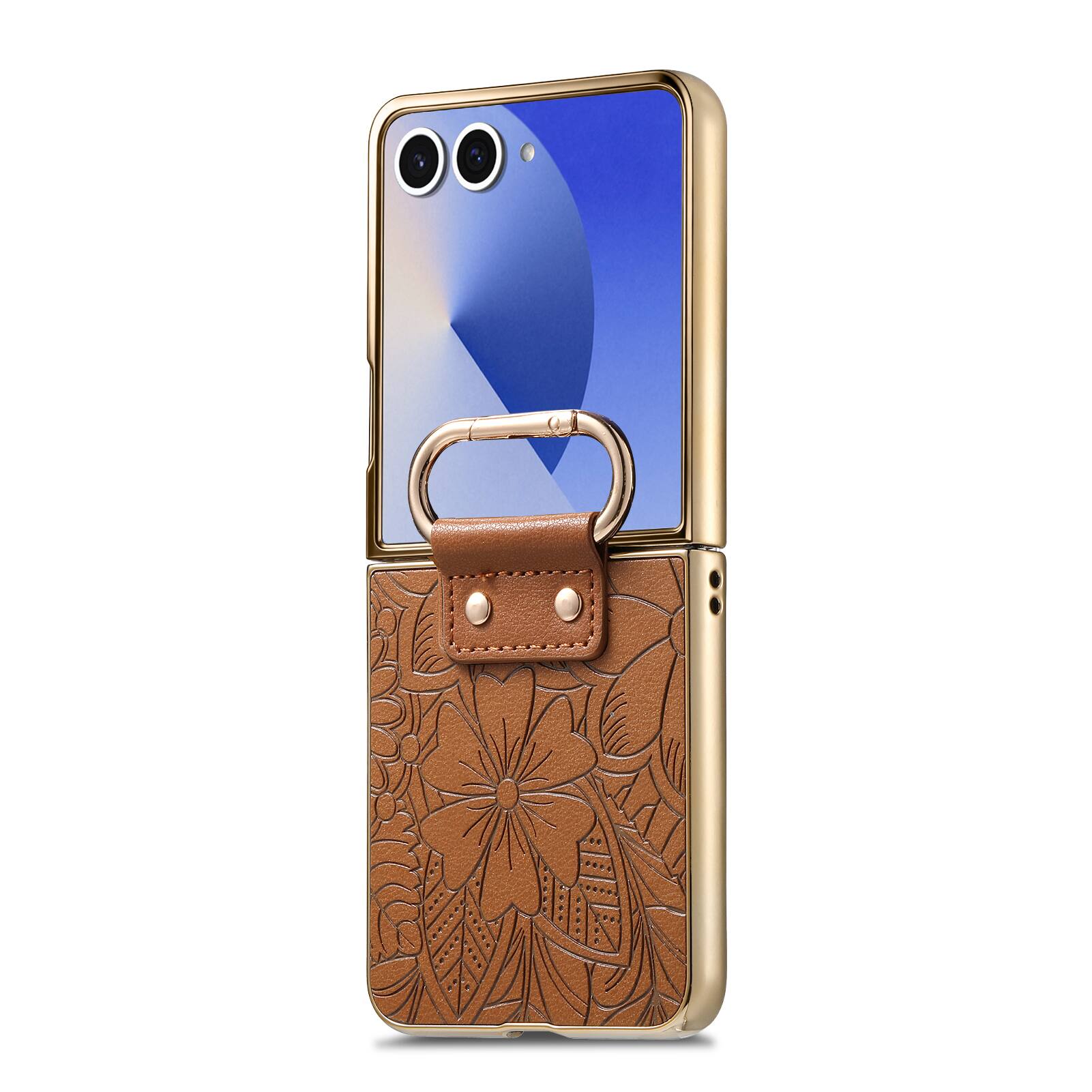 Alt View 1. Dteck - Shockproof Floral Leather Texture Case for Samsung Galaxy Z Flip8, Electroplated Rigid Plastic Cover with Ring Holder - Brown.