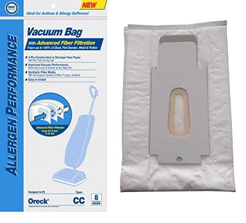 DVC NEW  
Ideal for Asthma & Allergy Sufferers!  
Vacuum Bag With Advanced Fiber Filtration  
Traps up to 100% of DUR Pet Dander, Mold & Pollen  
3 Ply Construction - Stronger than Paper  
Improved Vacuum Performance  
Synthetic Filter Media - Lasts Longer, Filters Smaller Particles  
Easy to Install  
Designed to Fit Types 8 Oreck CC BAGS