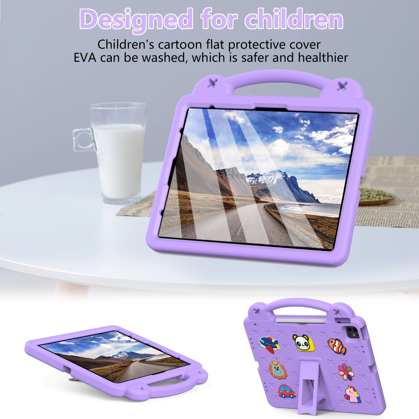 Designed for children  
Children's cartoon flat protective cover EVA can be washed, which is safer and healthier.