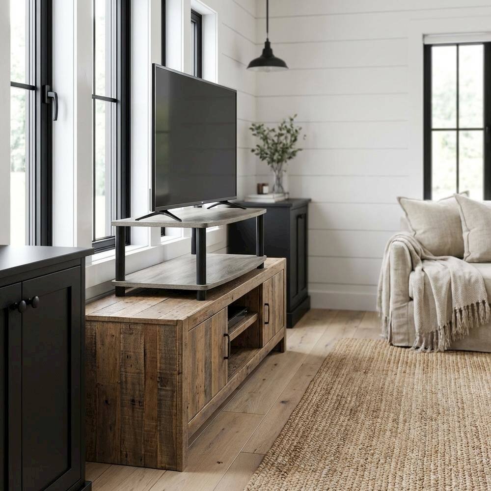 Alt View 1. FurniFact - Elevated TV Stand with No Tools Assembly in French Oak Grey and Black Finish - Brown.