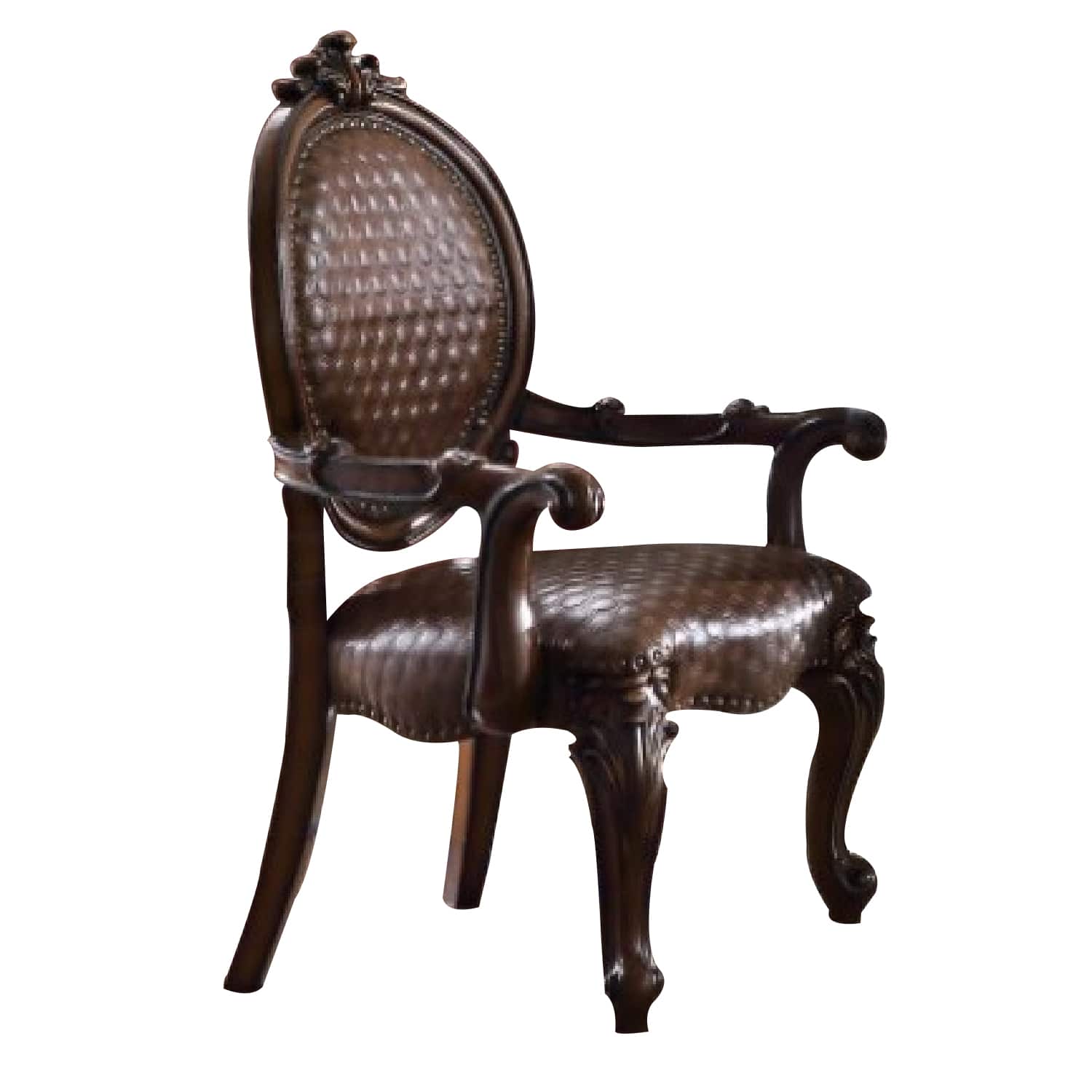 Manhattan Lane - Kai 26 Inch Solid Wood Carved Armchair, Rolled Arms, Vegan Leather - Brown