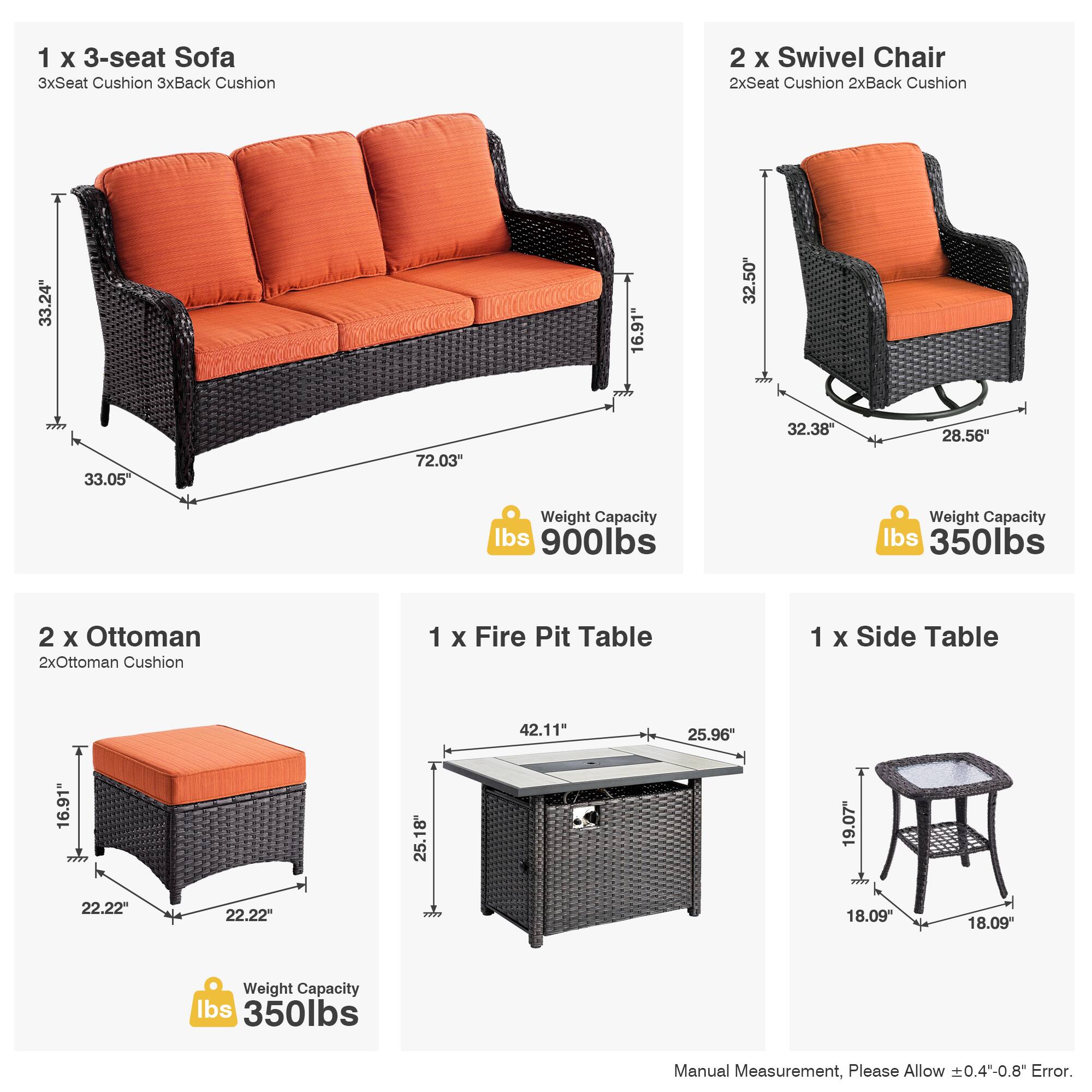 1 x 3-seat Sofa  
3xSeat Cushion 3xBack Cushion  
Weight Capacity: 900lbs  

2 x Swivel Chair  
2xSeat Cushion 2xBack Cushion  
Weight Capacity: 350lbs  

2 x Ottoman  
2xOttoman Cushion  
Weight Capacity: 350lbs  

1 x Fire Pit Table  
Weight Capacity: 350lbs  

1 x Side Table  

Manual Measurement, Please Allow ±0.4"-0.8" Error.