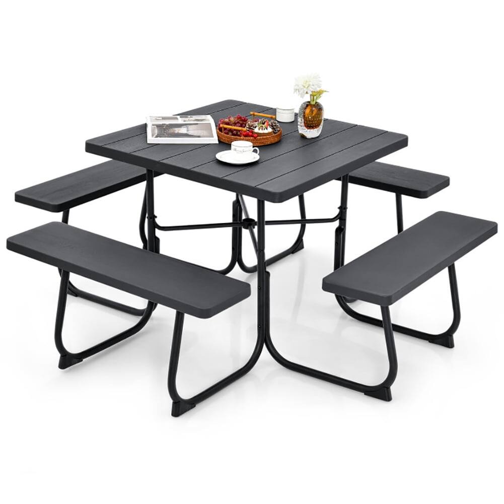 Left. Kadyn - waterproof Metal, HDPE Picnic Table with 4 Benches and Umbrella Hole, Black - Black.