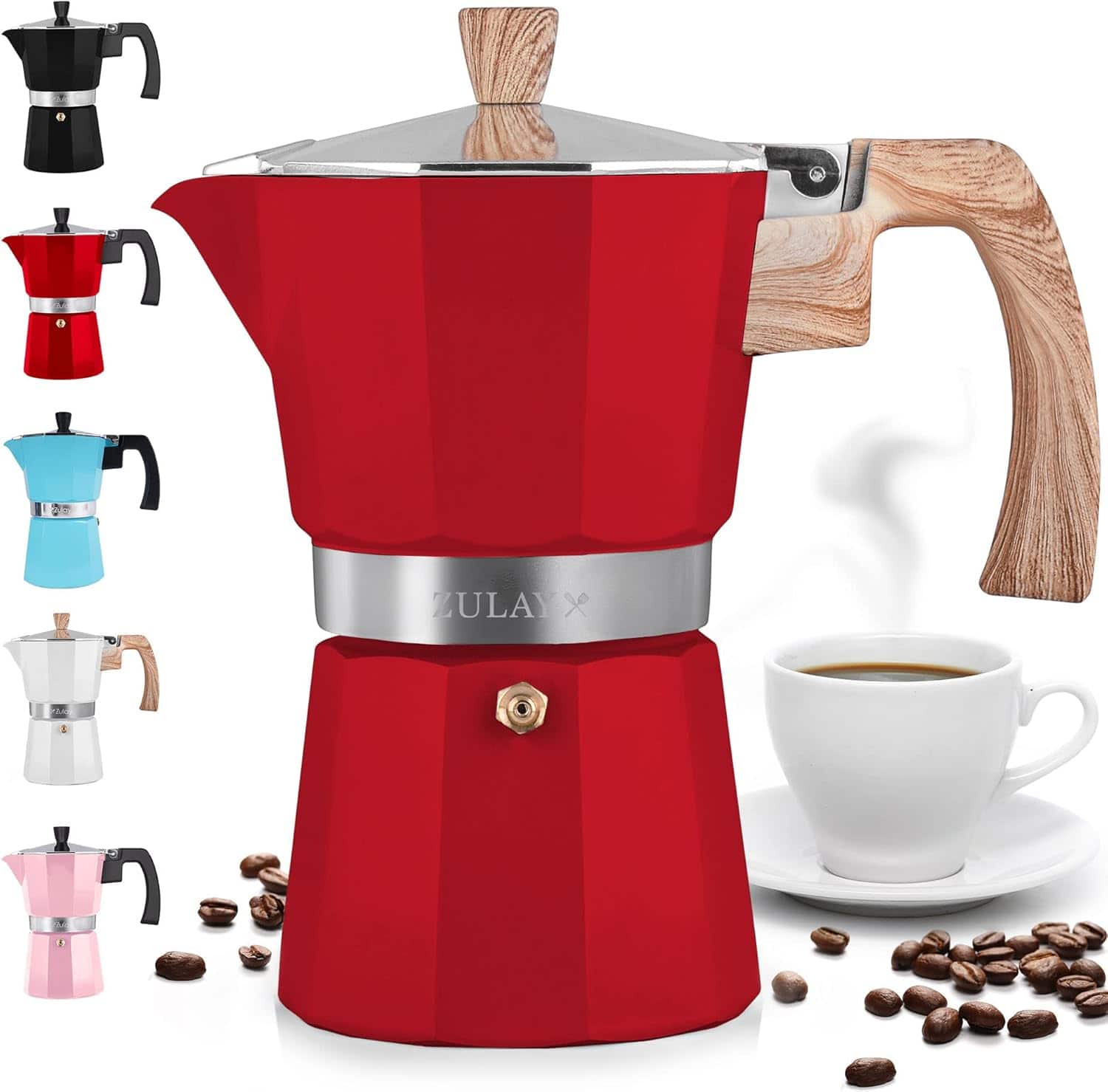 Zulay Kitchen - Moka Pot Espresso Stovetop Coffee Maker (3 Espresso Cups) - Red