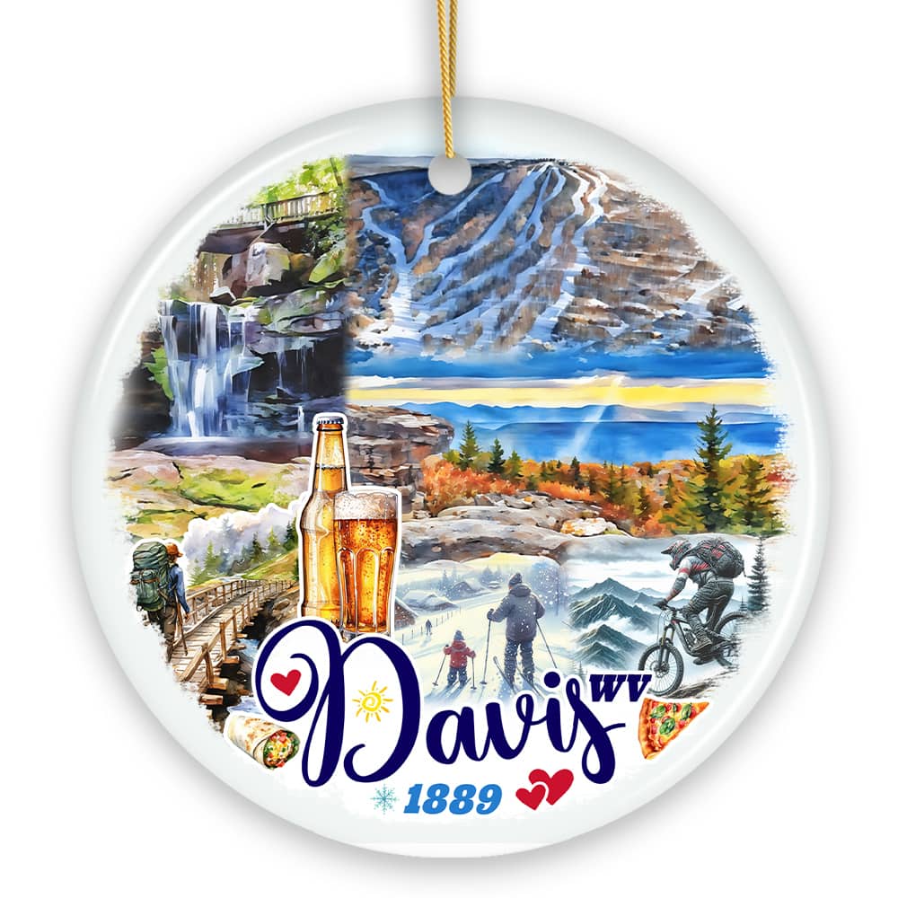 OrnamentallyYou - Adventurous Davis Mountain Town Ornament, West Virginia Appalachian Charm Christmas Gift (Circle) - Multi-colored