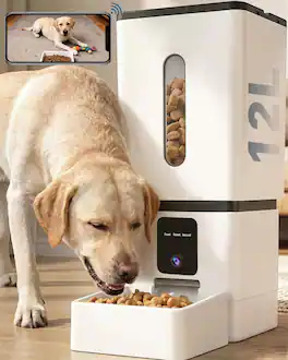 PRIMEPLUS - Automatic Dog Feeder for Large Breed with Camera - 12L/50 Cups, App Control, 1080P, Supports Kibble up to 20mm/0.8in - White