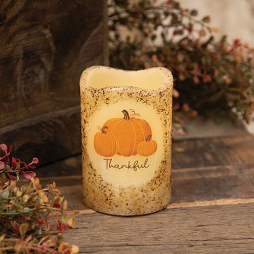 Angle. BreeBe - Burnt Ivory Thankful Pumpkins Timer Pillar 4" - Ivory.