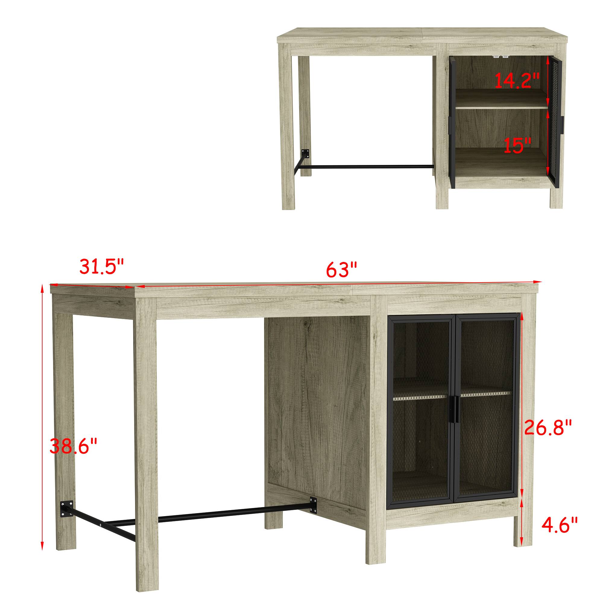 Width: 63", Depth: 31.5", Height: 38.6", Door: 26.8", Shelf: 14.2", 15", 4.6"