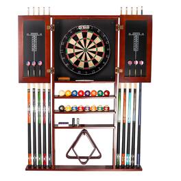 GSE Games & Sports Expert - Wood 10 Billiard Pool Cue Rack & Dart Board Cabiner Combination Rack Only - Mahogany