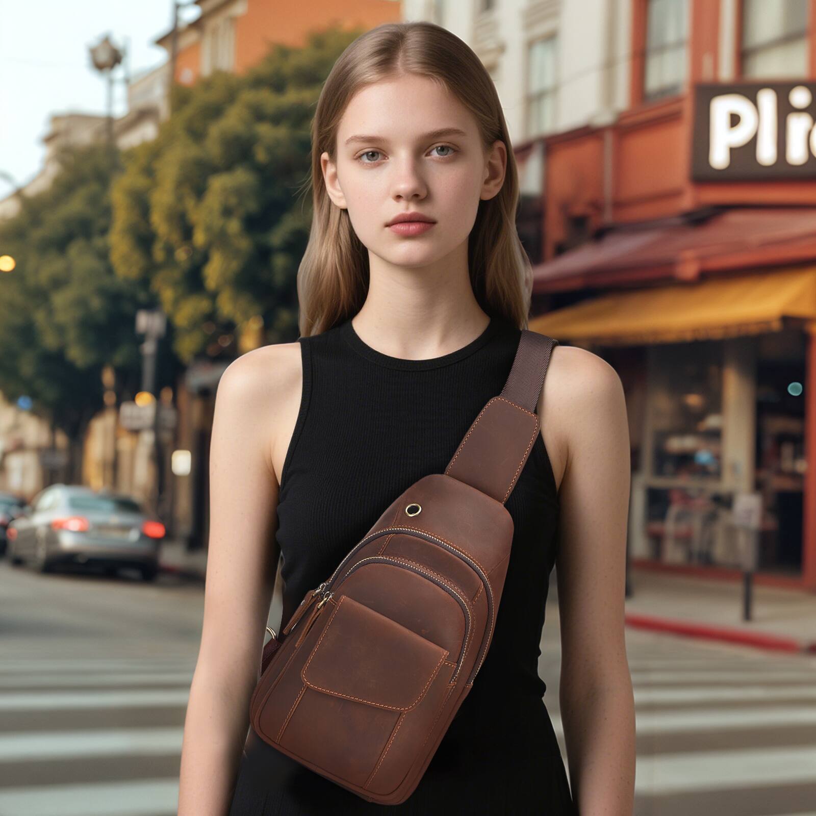 Alt View 5. Unique Bargains - Full-Grain Leather Sling Bag for Men Women Vintage Multi-Pocket Crossbody Bag with Concealed Carry Compartment - Matt brown.