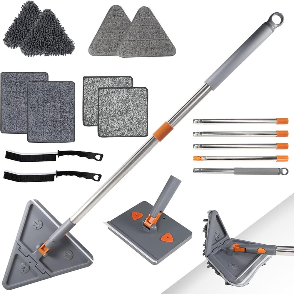 Schertz - 85" Wall Mop with Handle – 2-in-1 Triangle & Square Heads, 8 Reusable Pads