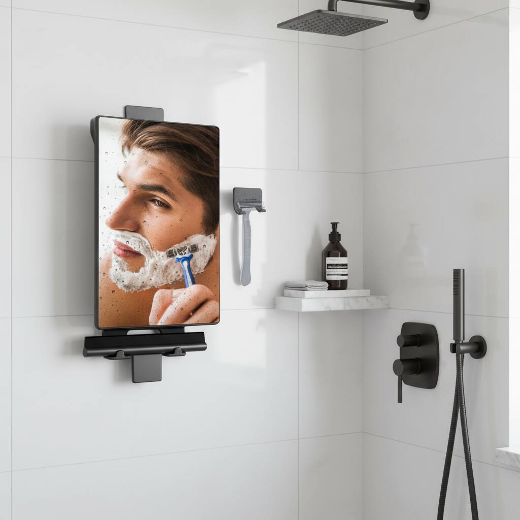 Back. Dazzed Corner - Fogless Shower Mirror with Water Tank, Adhesive Hook, Razor Holder & Squeegee - Black.