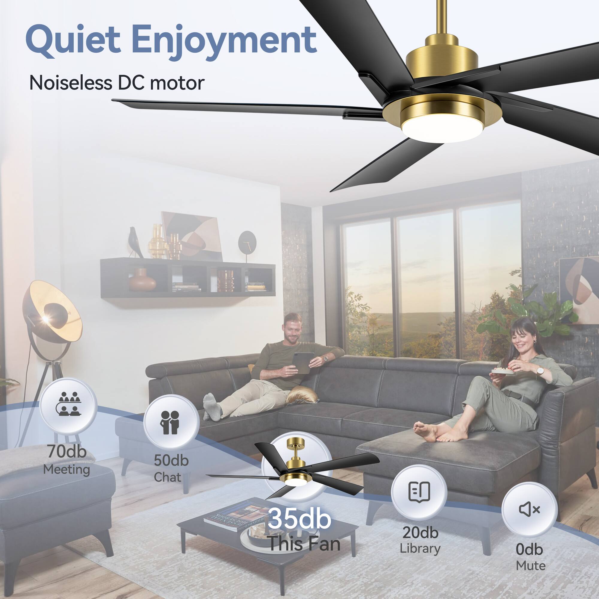 Quiet Enjoyment, Noiseless DC motor, 70db Meeting, 50db Chat, 35db This Fan, 20db Library, 0db Mute