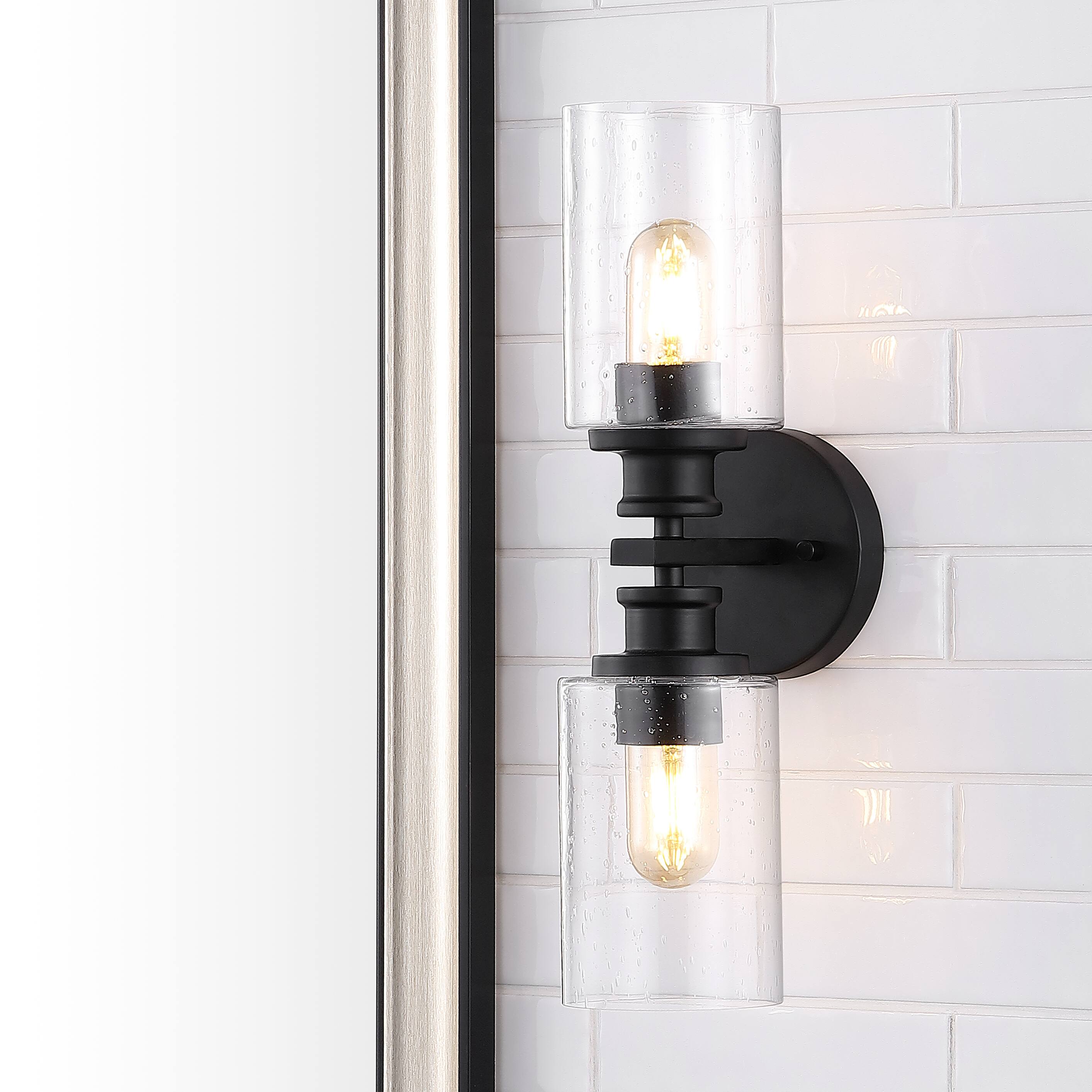 Alt View 9. Jonathan Y - Jules Edison 16.5" Cylinder 2-Light Iron/Seeded Glass Farmhouse Contemporary LED Wall Sconce, Black - Black.