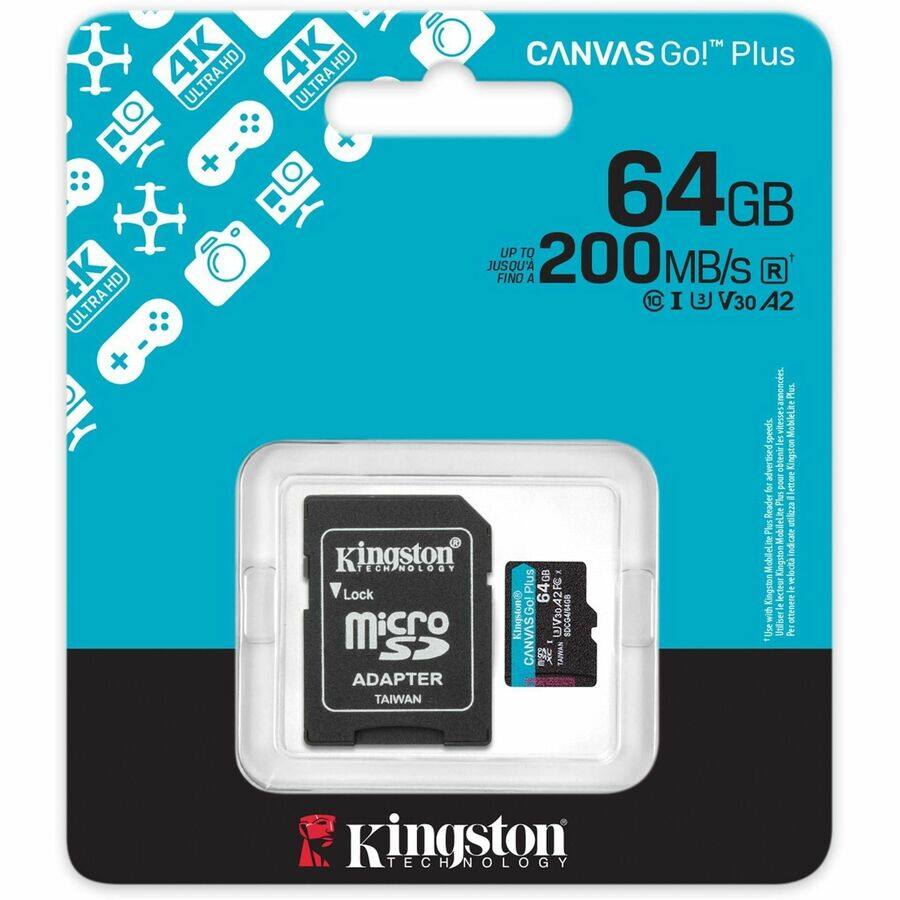 Sure, here is the corrected and grouped text from the image:

---

**CANVAS Go!™ Plus**

**64 GB**

**UP TO 200 MB/s**

**I C I 3 V30 A2**

**4K ULTRA HD**

**4K ULTRA HD**

**4K ULTRA HD**

**Kingston TECHNOLOGY**

**CANVAS Go! Plus**

**64 GB**

**UP TO 200 MB/s**

**I C I 3 V30 A2**

**Kingston**

**V Lock**

**microSD**

**ADAPTER**

**TAIWAN**

**Kingston TECHNOLOGY**

---

This text is organized to reflect the information on the packaging, including the product name, capacity, speed, and other details.