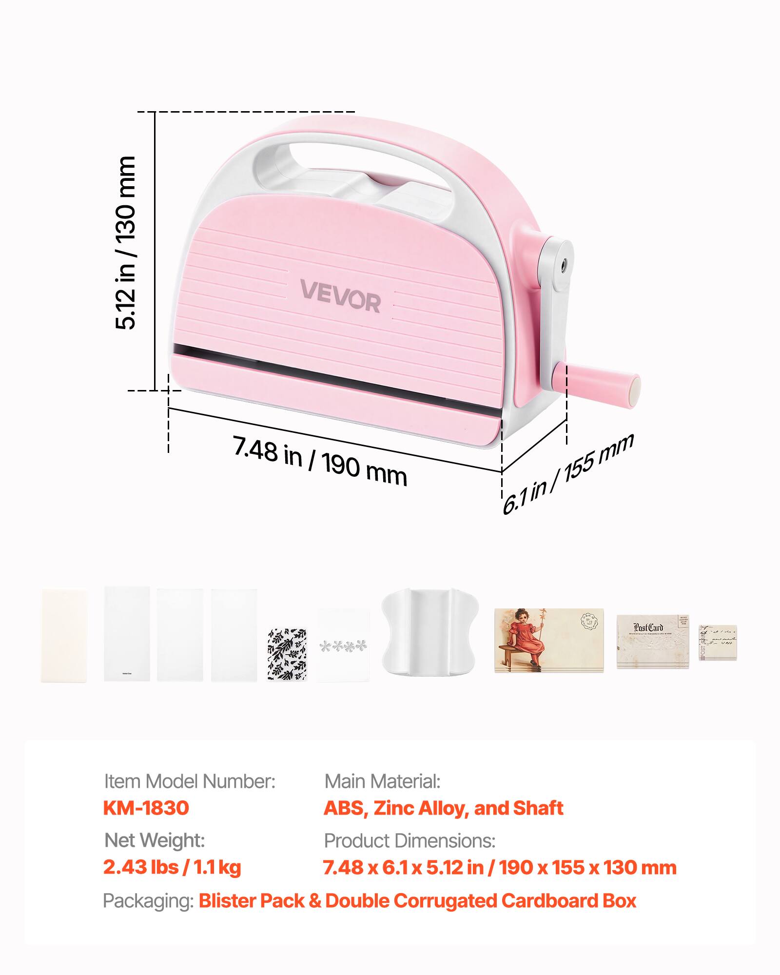 mm 130 / 5.12 in / 130 5.12 in VEVOR 7.48 in I 190 mm mm 6.1in/155mm / 155 6.1in

faolCart

Item Model Number: KM-1830

Main Material: ABS, Zinc Alloy, and Shaft

Net Weight: 2.43 lbs / 1.1 kg

Product Dimensions: 7.48 x 6.1 x 5.12 in / 190 x 155 x 130 mm

Packaging: Blister Pack & Double Corrugated Cardboard Box