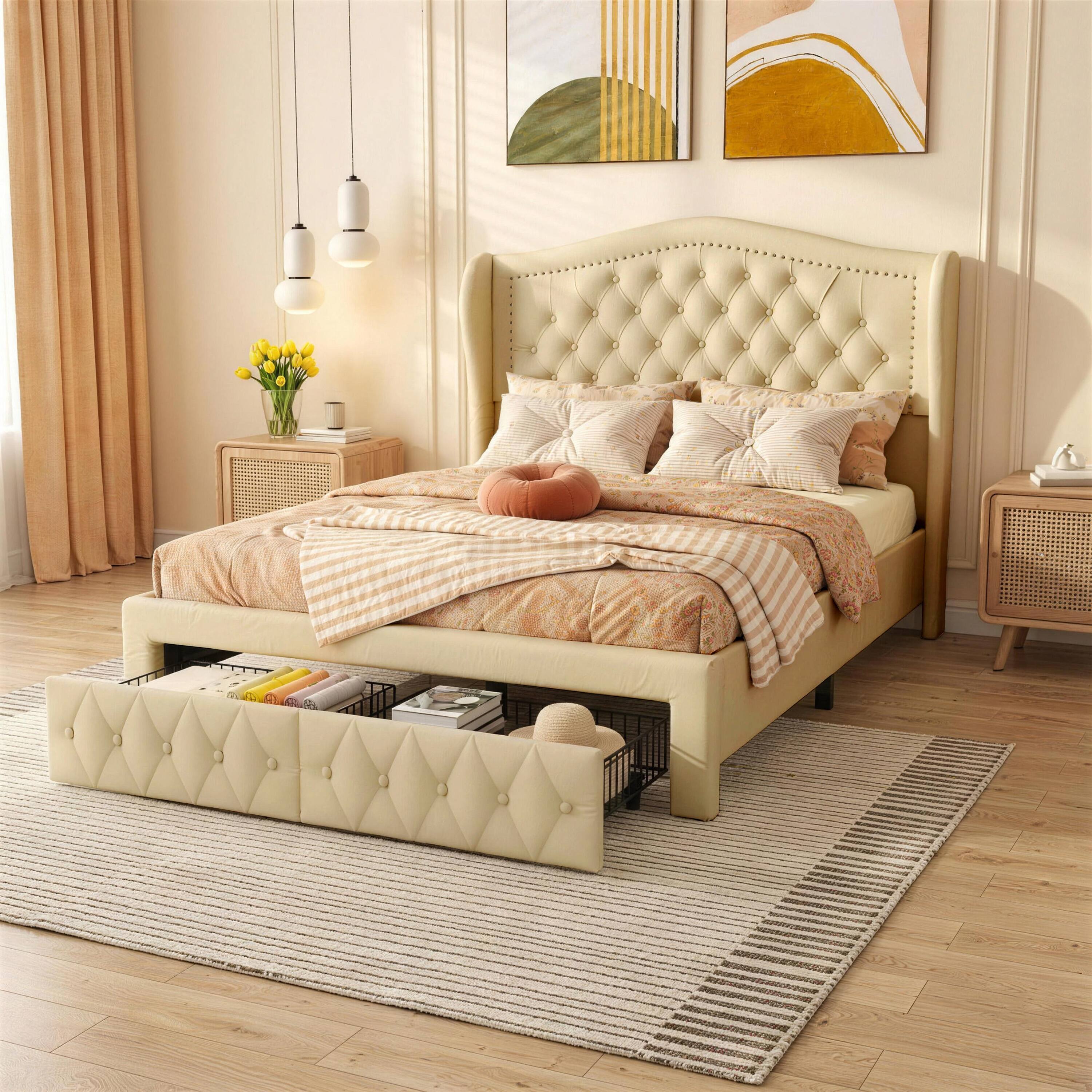 Alt View 7. Dyonery - Queen bed frame, 52.6 inches high, with two drawers, velvet soft packaging, sewn headboard, vintage design. - Gold.