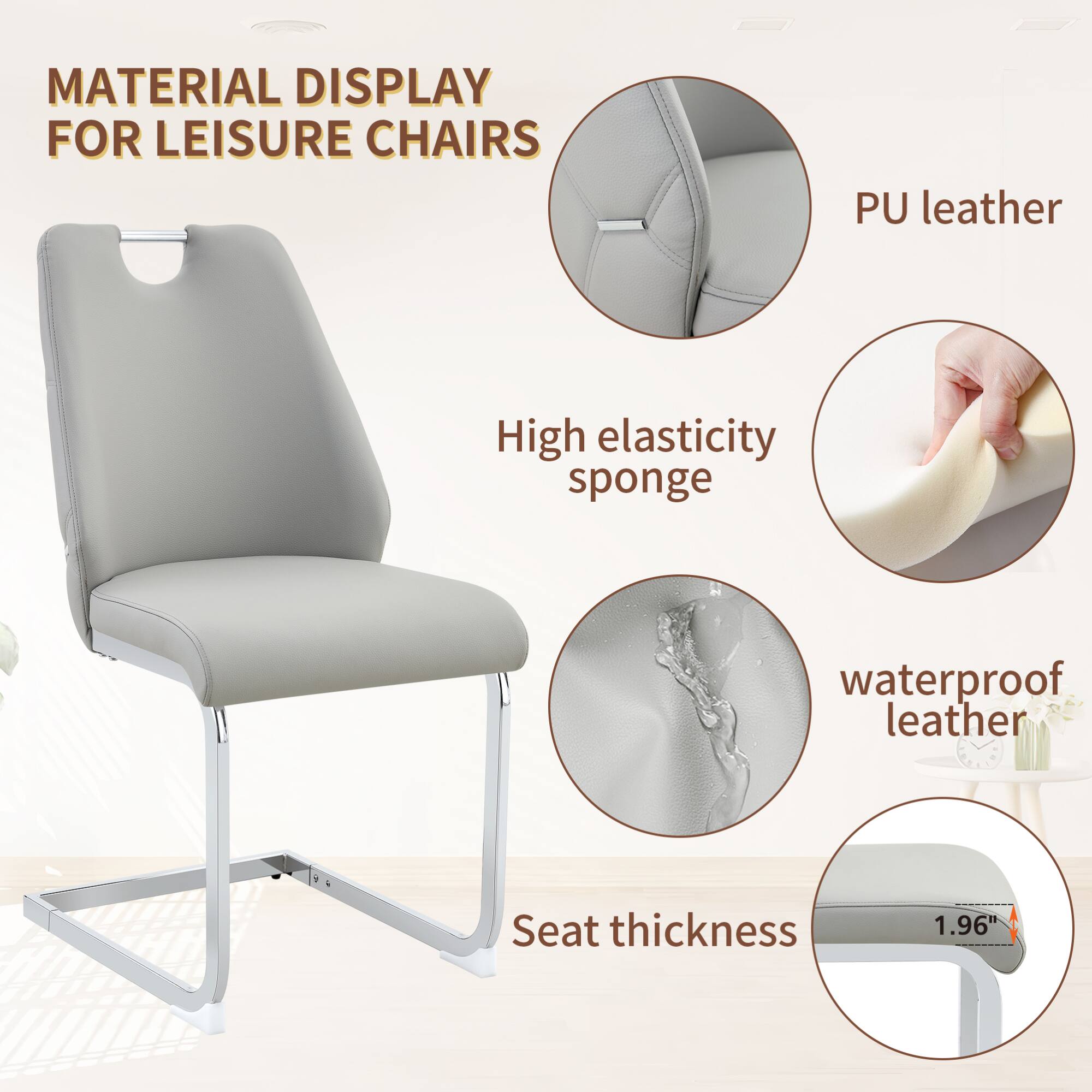 MATERIAL DISPLAY FOR LEISURE CHAIRS

- PU leather
- High elasticity sponge
- waterproof leather
- Seat thickness 1.96"