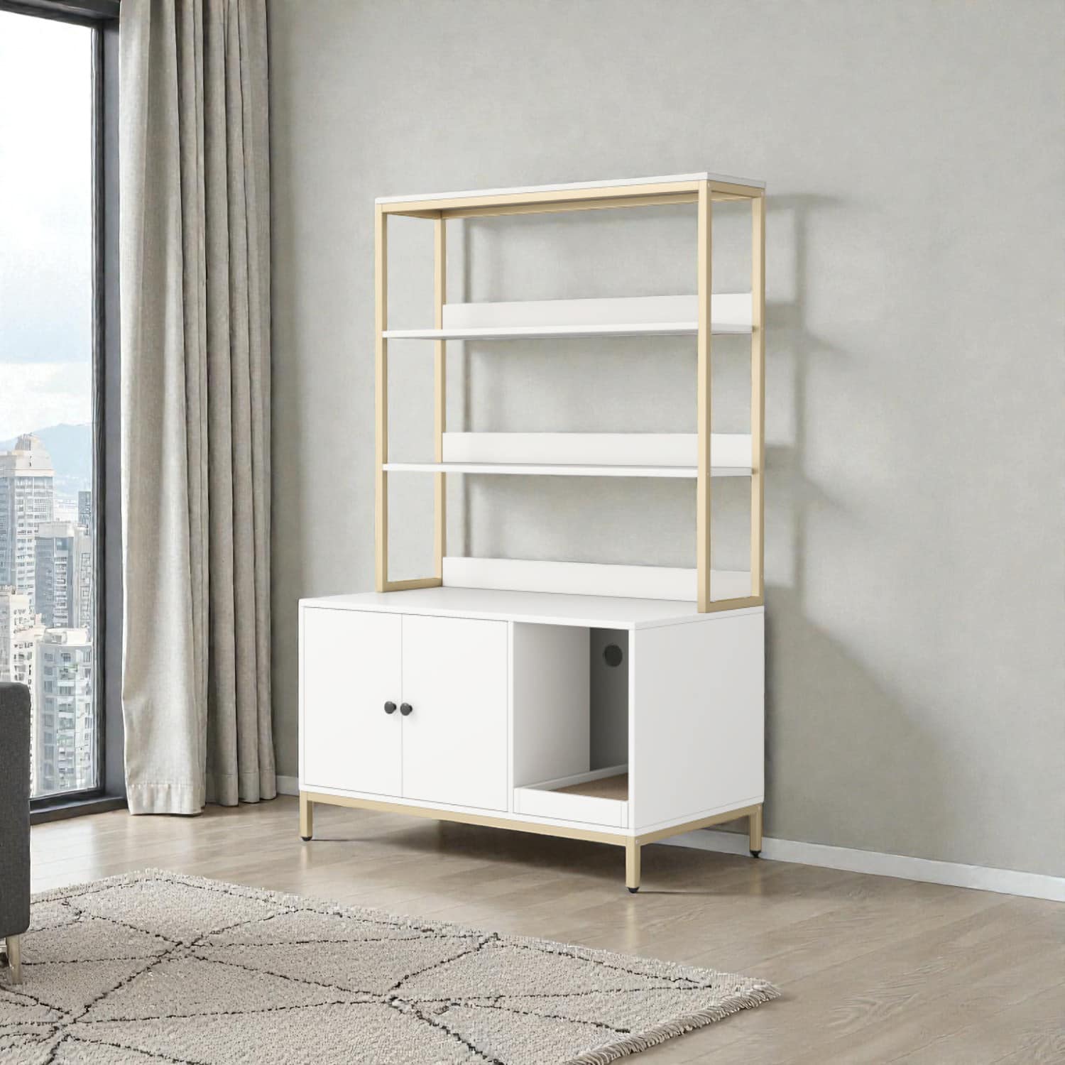 BreeBe - Extra-Large 57-Inch Cat Litter Enclosure with Storage Compartment and Scratcher Panel - White