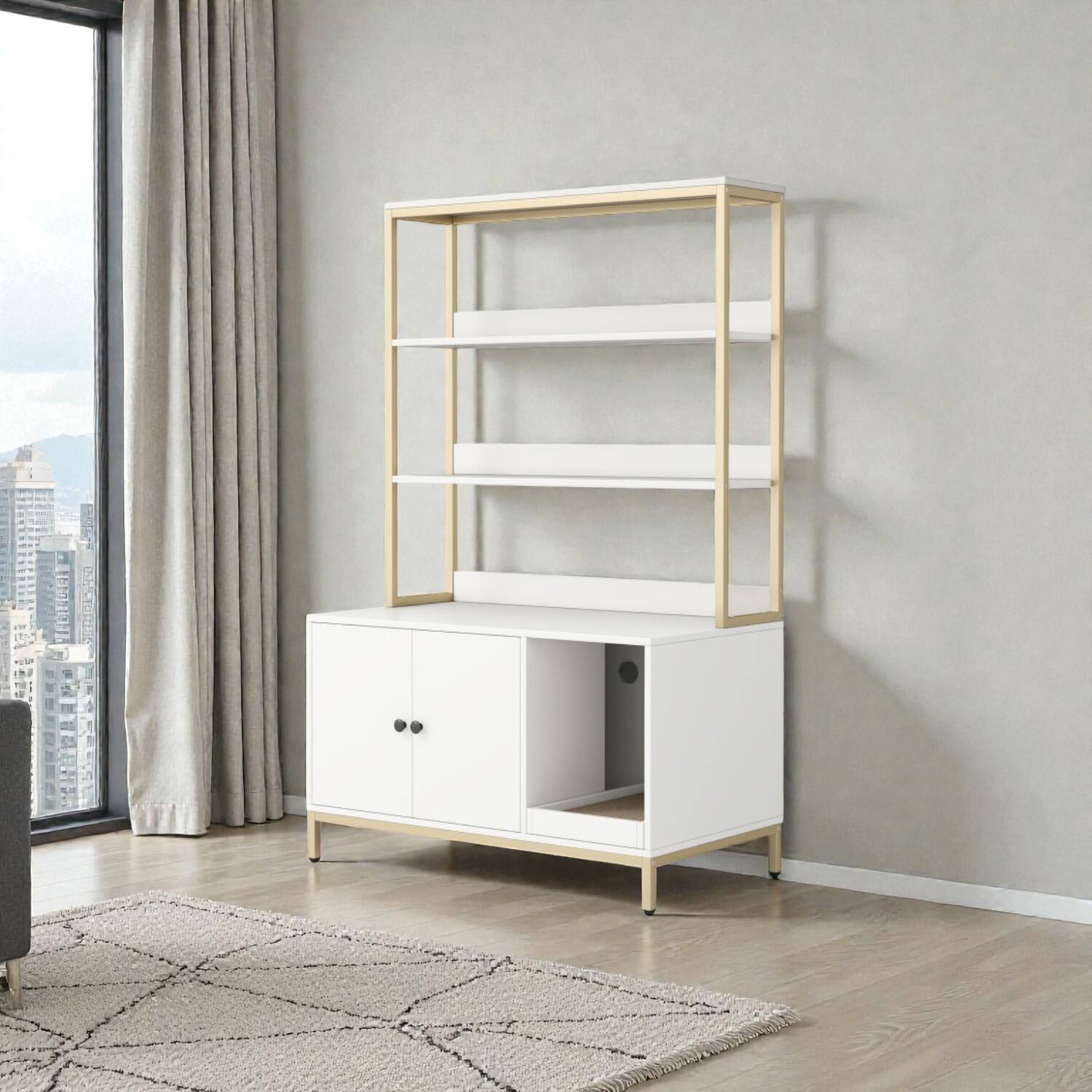 Front. BreeBe - Extra-Large 57-Inch Cat Litter Enclosure with Storage Compartment and Scratcher Panel - White.